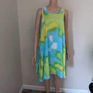 American Crown sleeveless rayon dress Green Blue Colorful Lightweight Vintage